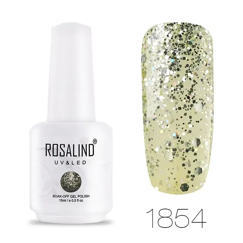 Rosalind uv & led soak-off gel polish in a white bottle with silver and gold glitter, model number 1854.