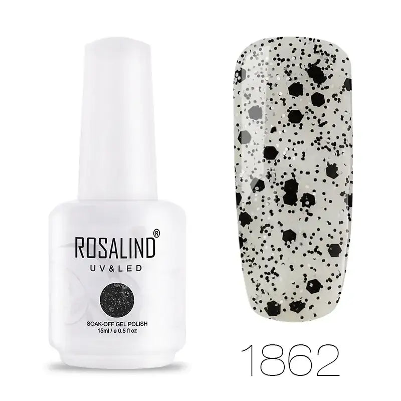 White bottle of rosalind uv & led soak-off gel polish with black hexagonal and dot glitter finish.