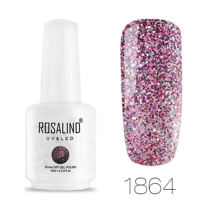 A bottle of rosalind uv & led soak-off gel polish in a sparkling pink and silver glitter finish, labeled with the shade number 1864.