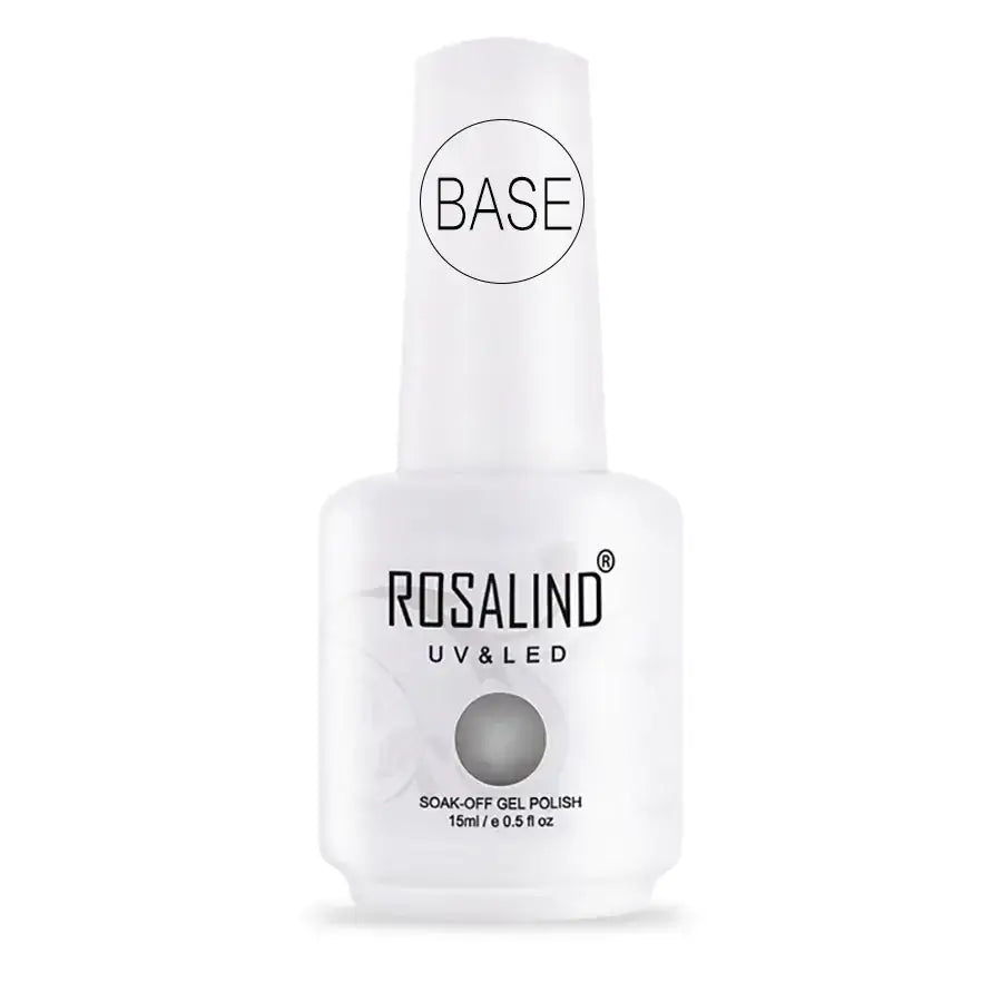 White rosalind uv & led soak-off gel polish bottle with a silver-gray circular swatch on the label and ’base’ printed in black text within a circle at the top.