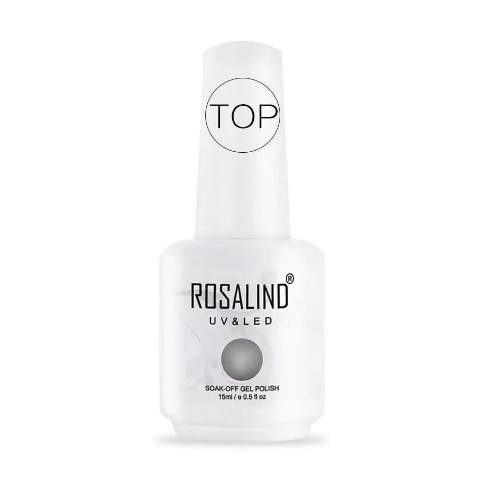 White rosalind uv & led soak-off gel polish bottle with a silver-gray swatch on the label and ’top’ printed in black on the cap.