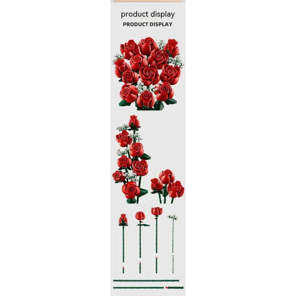 Red plastic roses with green stems and leaves, designed as a lego set.