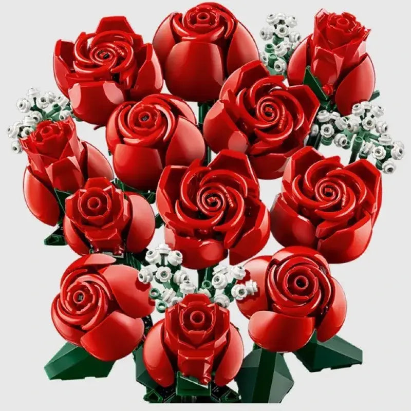 A vibrant red lego rose bouquet with glossy plastic petals and green stems, accented by delicate white filler flowers.