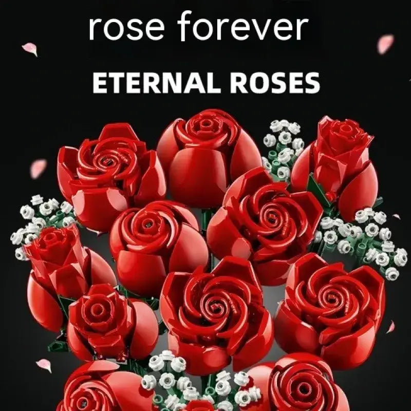 A vibrant red lego set featuring intricately designed eternal roses with delicate white filler flowers.