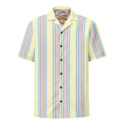 A pastel-striped short-sleeve button-up shirt with vertical stripes in soft yellow, lavender, and light blue.