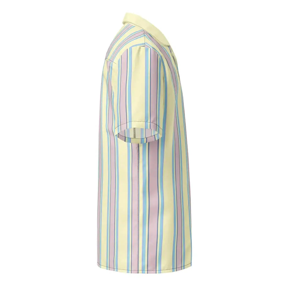 Pastel-striped short-sleeve polo shirt with vertical stripes in soft yellow, lavender, and light blue.