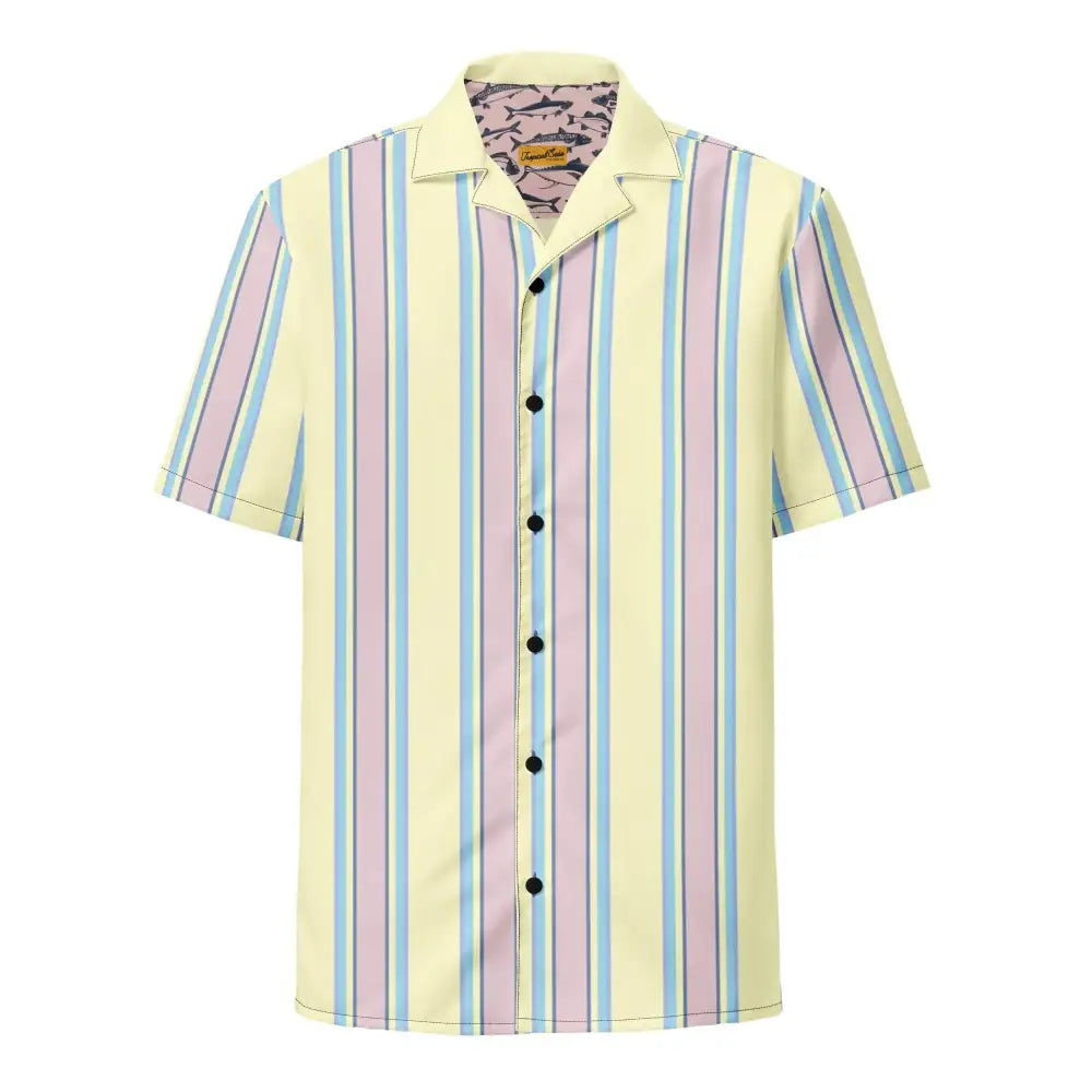 A pastel-striped short-sleeve button-up shirt with vertical stripes in soft yellow, lavender, and light blue.