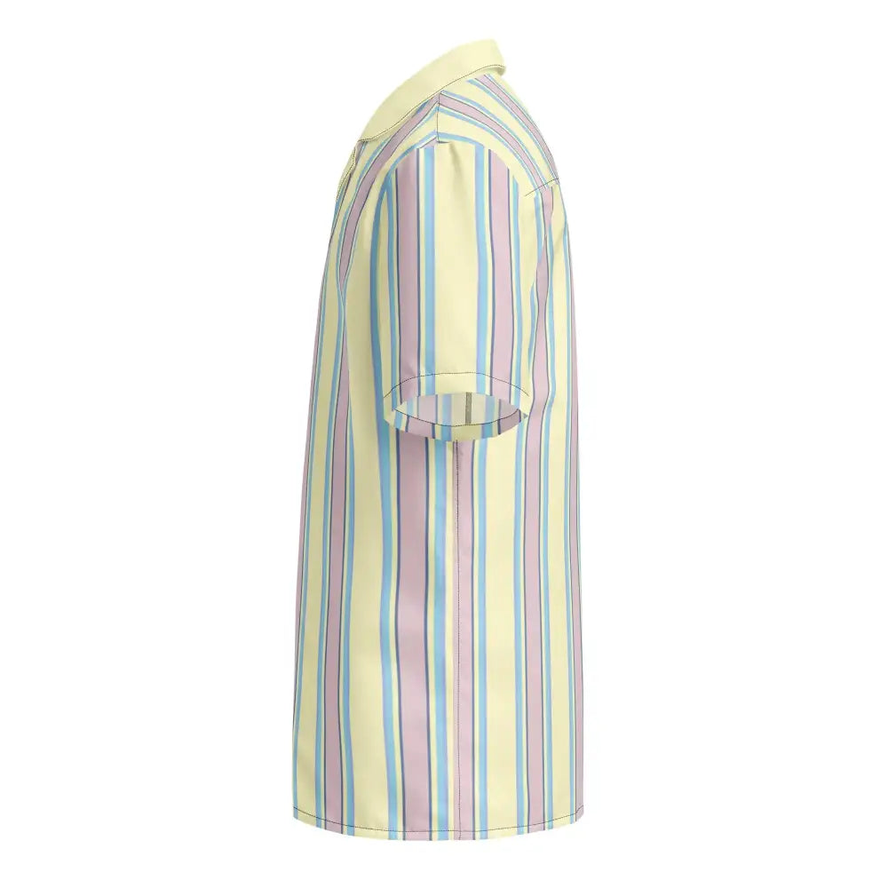 Pastel-striped polo shirt with vertical stripes in soft yellow, lavender, and light blue on a breathable fabric.