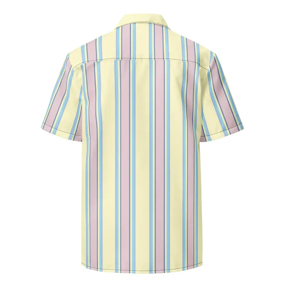 Pastel-striped short-sleeve button-up shirt with vertical stripes in soft yellow, lavender, and light blue.