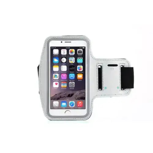 White leather phone armband with black strap and elastic band.