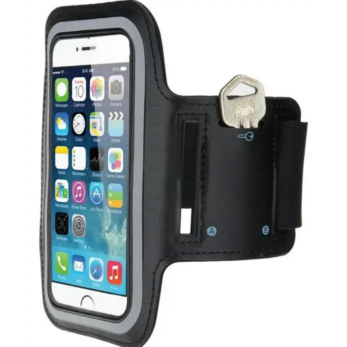 Black leather armband with a phone compartment and key slot.