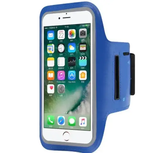 Blue silicone armband with a phone slot for an iphone.