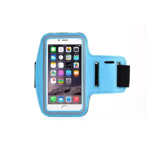 Light blue athletic armband with black elastic strap and adjustable closure, designed to securely hold a smartphone during workouts.