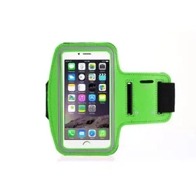 Bright green armband with black elastic strap and adjustable closure, designed to securely hold a smartphone during workouts.