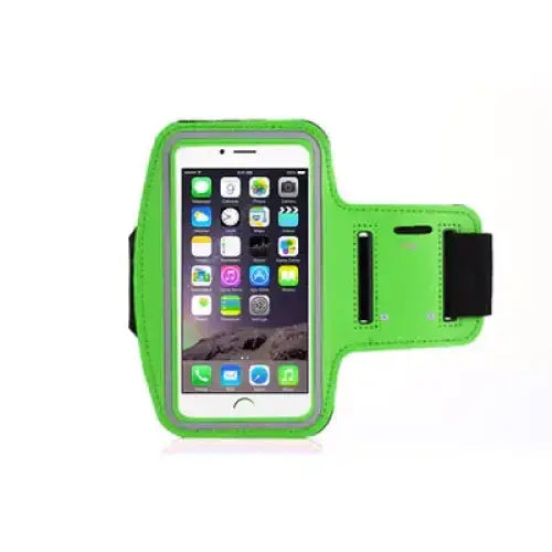 Bright green armband with black elastic strap and adjustable closure, designed to securely hold a smartphone during workouts.