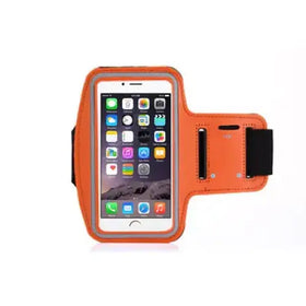 Orange armband with a black strap and elastic band, designed to securely hold an iphone.