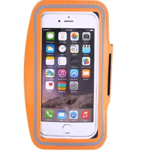 Orange athletic armband with gray trim holding a white iphone 6.