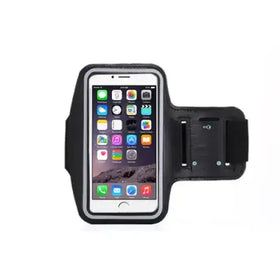 Black silicone phone armband with a silver-trimmed interior, designed to securely hold and support an iphone.