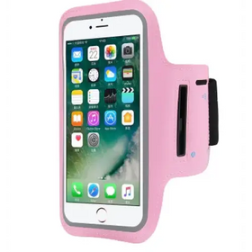 Pink silicone phone armband with black elastic strap and side pocket.
