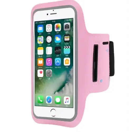 Pink silicone phone armband with black elastic strap and side pocket.