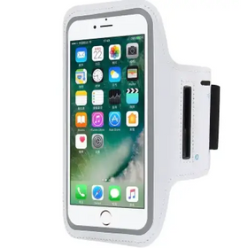 White leather iphone 7 armband with black elastic strap and side pockets.