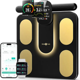 Black and gold runstar smart scale with illuminated foot pads and digital display showing weight, body composition metrics.
