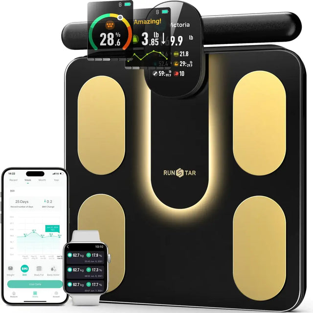Black and gold runstar smart scale with illuminated foot pads and digital display showing weight, body composition metrics.