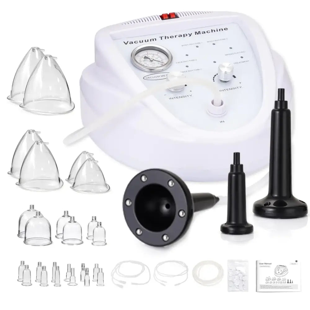 White vacuum therapy machine with clear glass cups and black attachments.