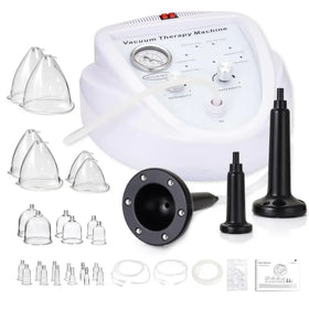 White vacuum therapy machine with clear glass cups and black attachments.