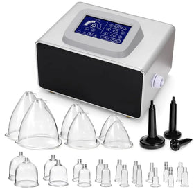 Silver and black digital vacuum suction device with multiple clear glass cups of varying sizes.