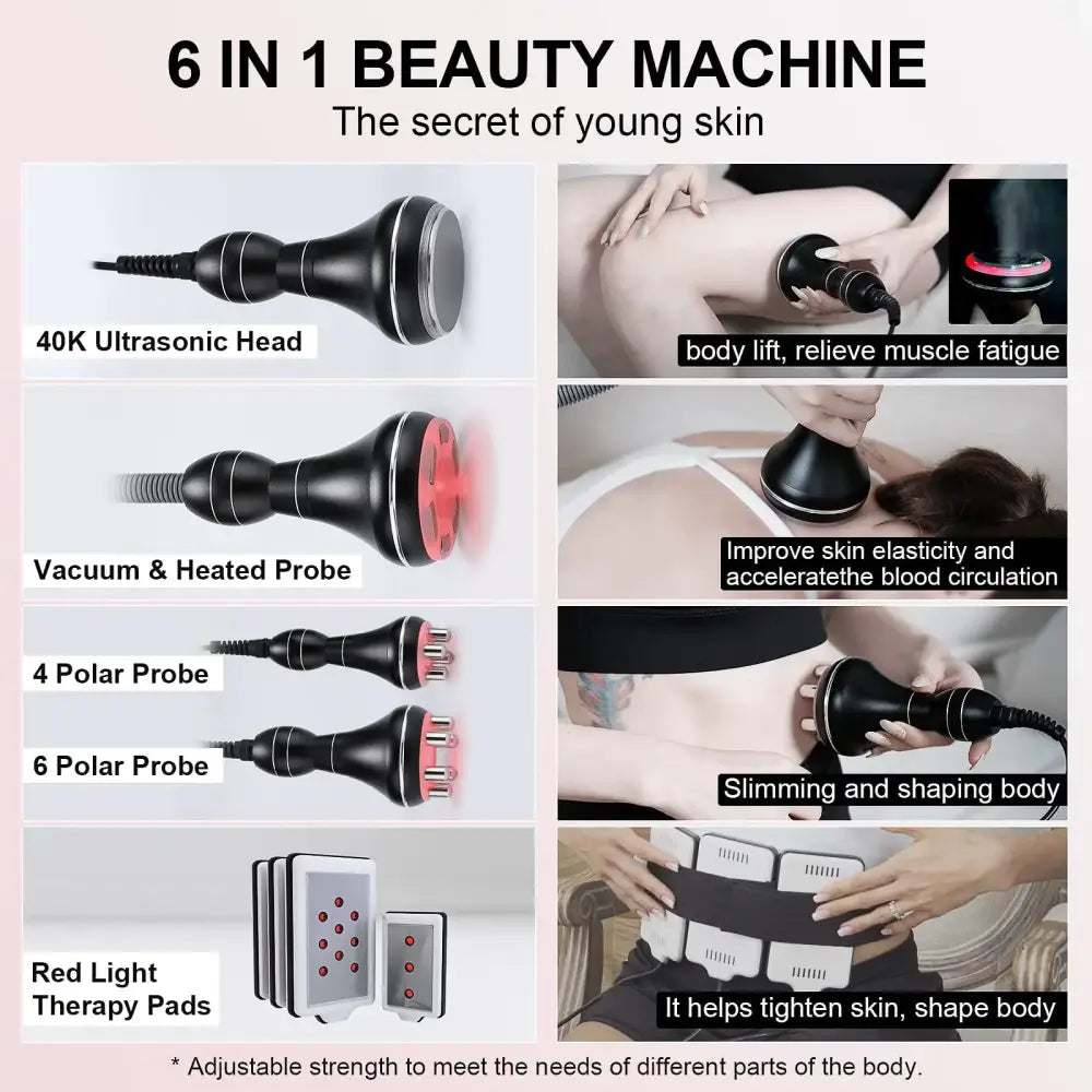 Black 6-in-1 beauty machine with multiple interchangeable probes for body sculpting and skin treatment.