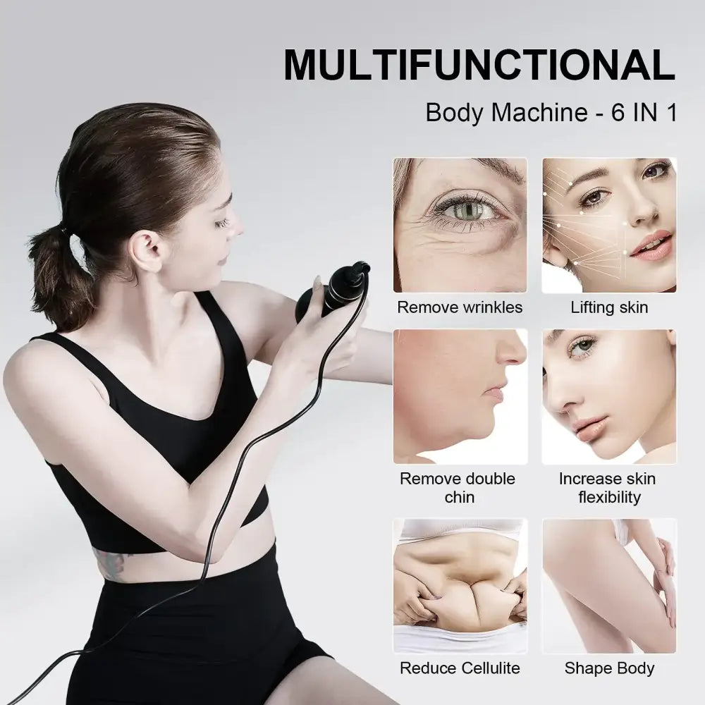 Black handheld multifunctional body machine with six different skin care treatment modes.