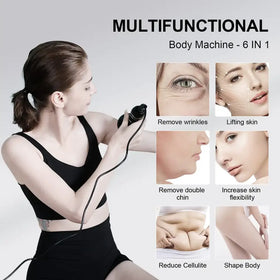 Black handheld multifunctional body machine with six different skin care treatment modes.