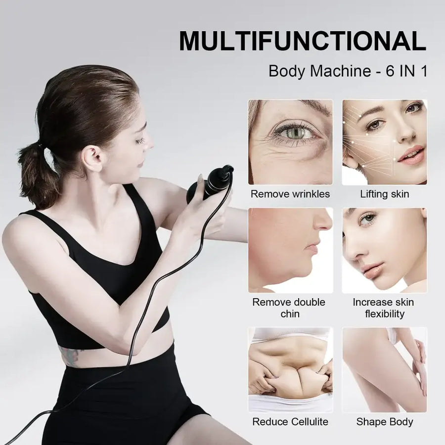 Black handheld multifunctional body machine with six different skin care treatment modes.