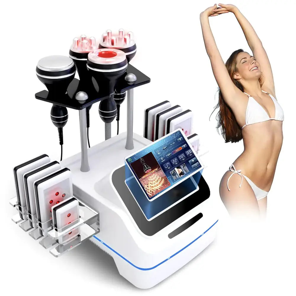 White and black professional body contouring machine with multiple treatment heads, digital touchscreen display, and a sleek modern design.