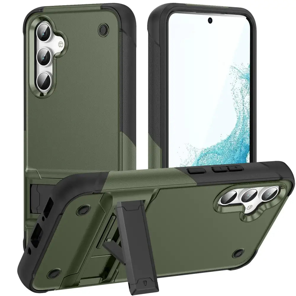 Olive green and black rugged phone case with built-in stand.