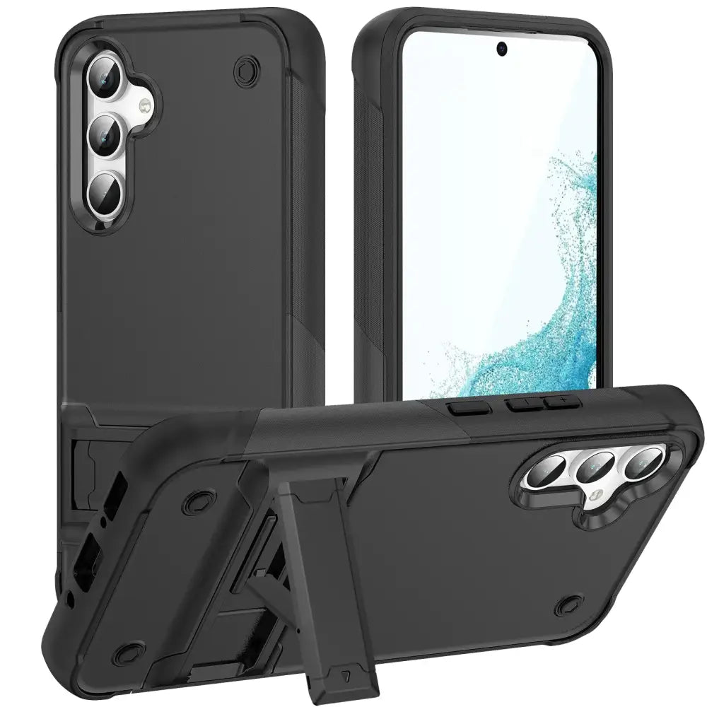 Black rugged phone case with integrated stand and camera cutouts for a samsung galaxy s23 series smartphone.