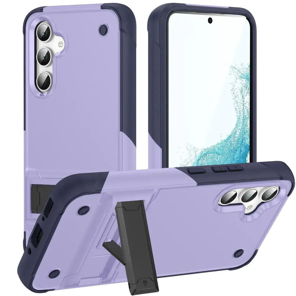 Purple and black dual-layer protective case with a built-in stand for the samsung galaxy s23.
