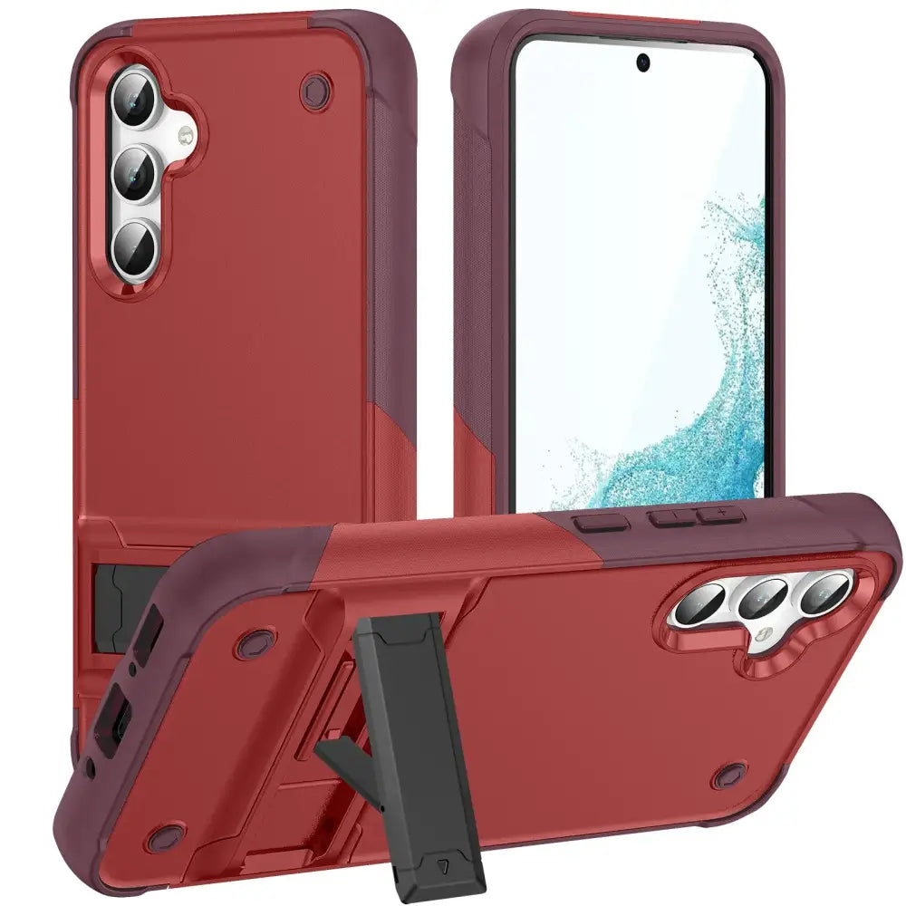 Red and dark purple dual-layer protective case with a built-in stand for the samsung galaxy s23.