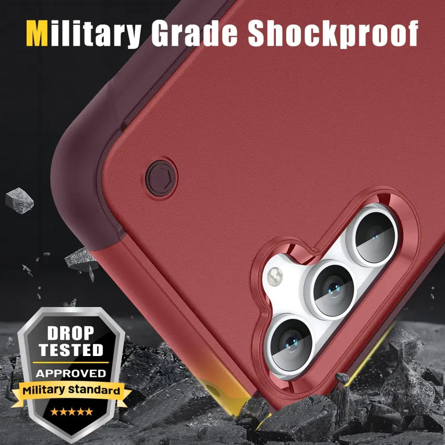 Red dual-layer phone case with a textured finish and silver camera lens protectors, designed for military-grade shockproof protection.