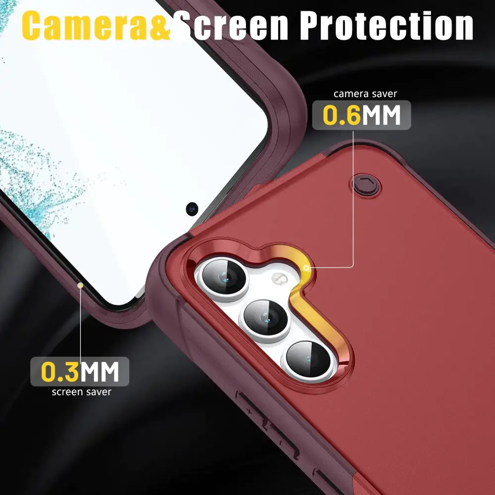 Red and gold dual-layer phone case with camera cutout designed to protect the screen and rear lens.