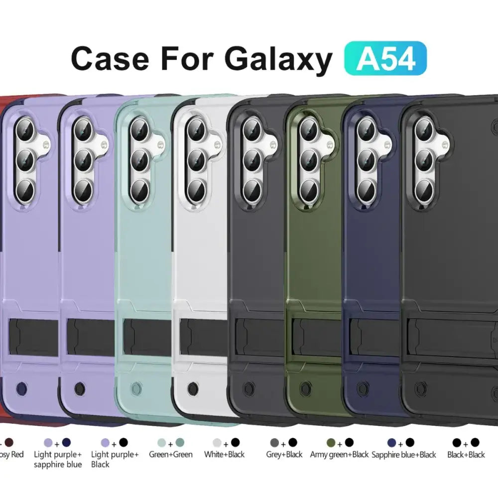 A sleek, multi-colored protective case for the galaxy a54 smartphone featuring a dual-layer design with a matte finish and integrated stand.
