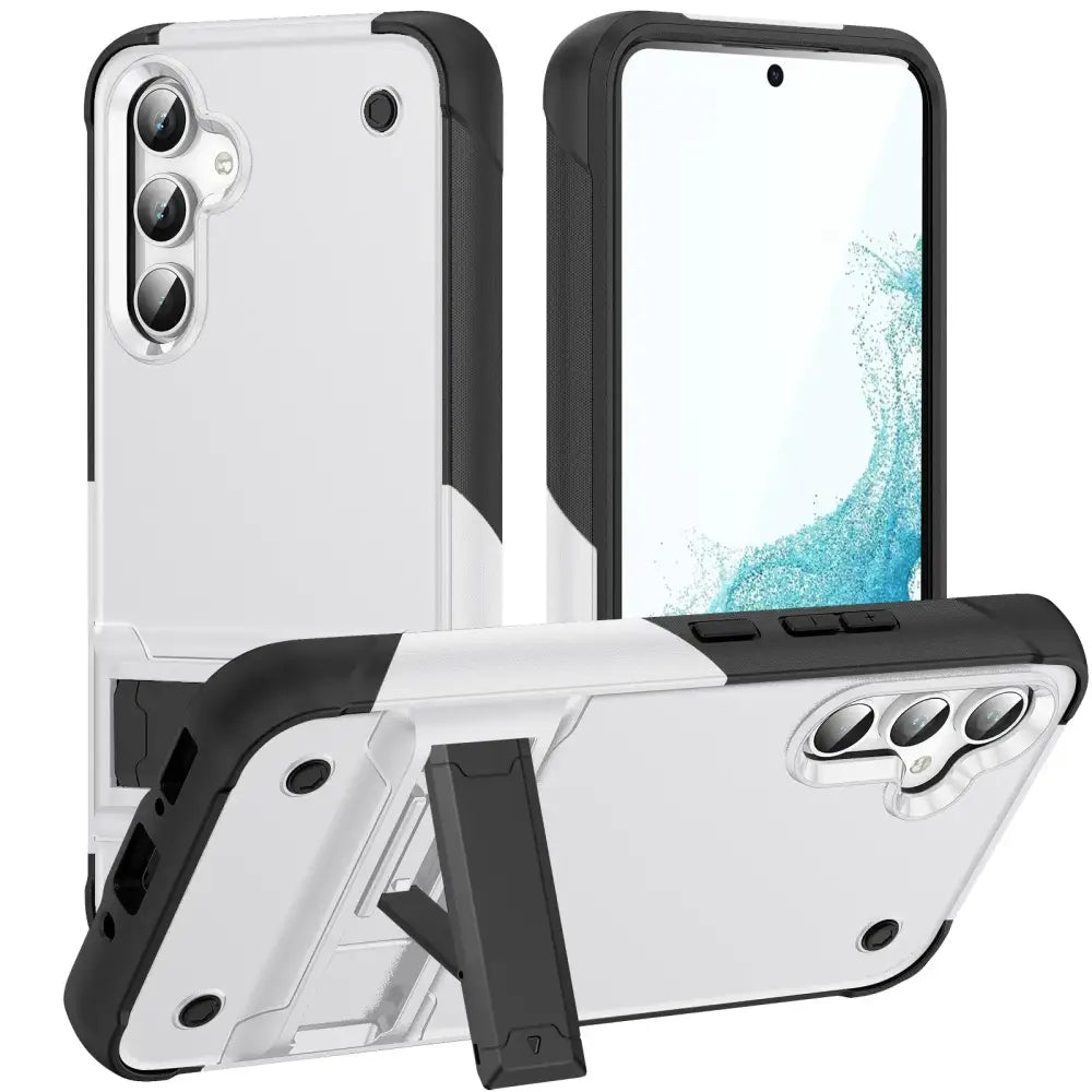 White and black dual-layer protective case with a built-in stand for the samsung galaxy s23.