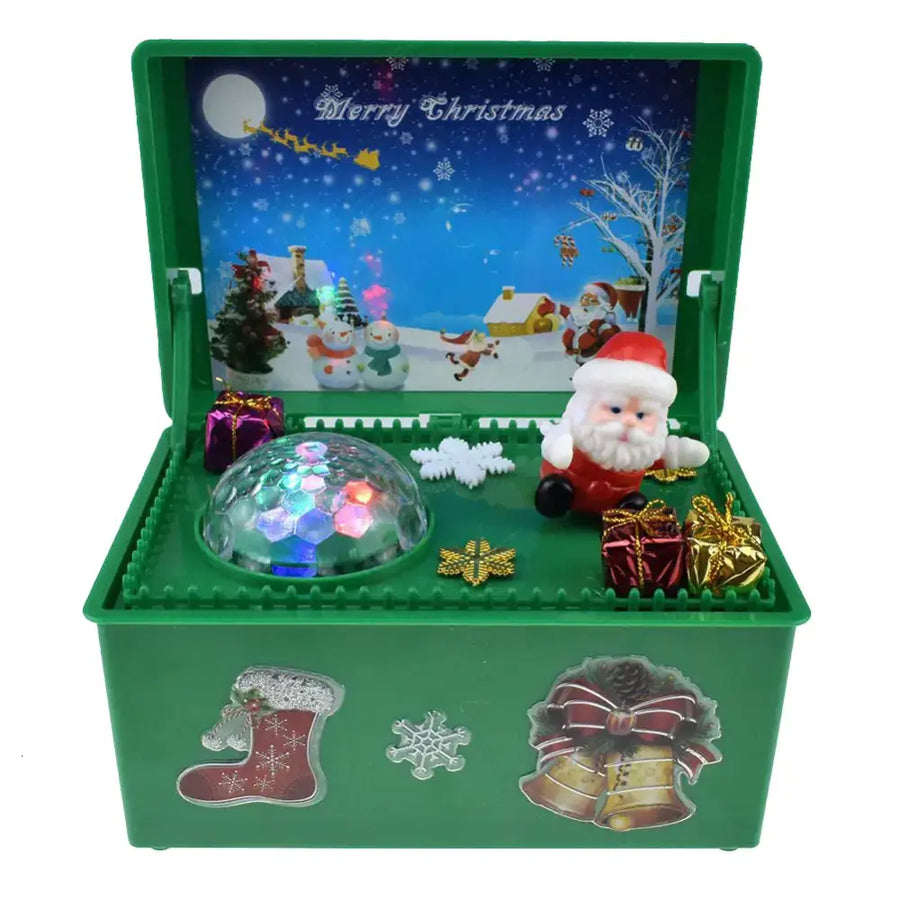 Green plastic christmas-themed musical box featuring a santa claus figurine, illuminated disco ball, and decorative holiday stickers.