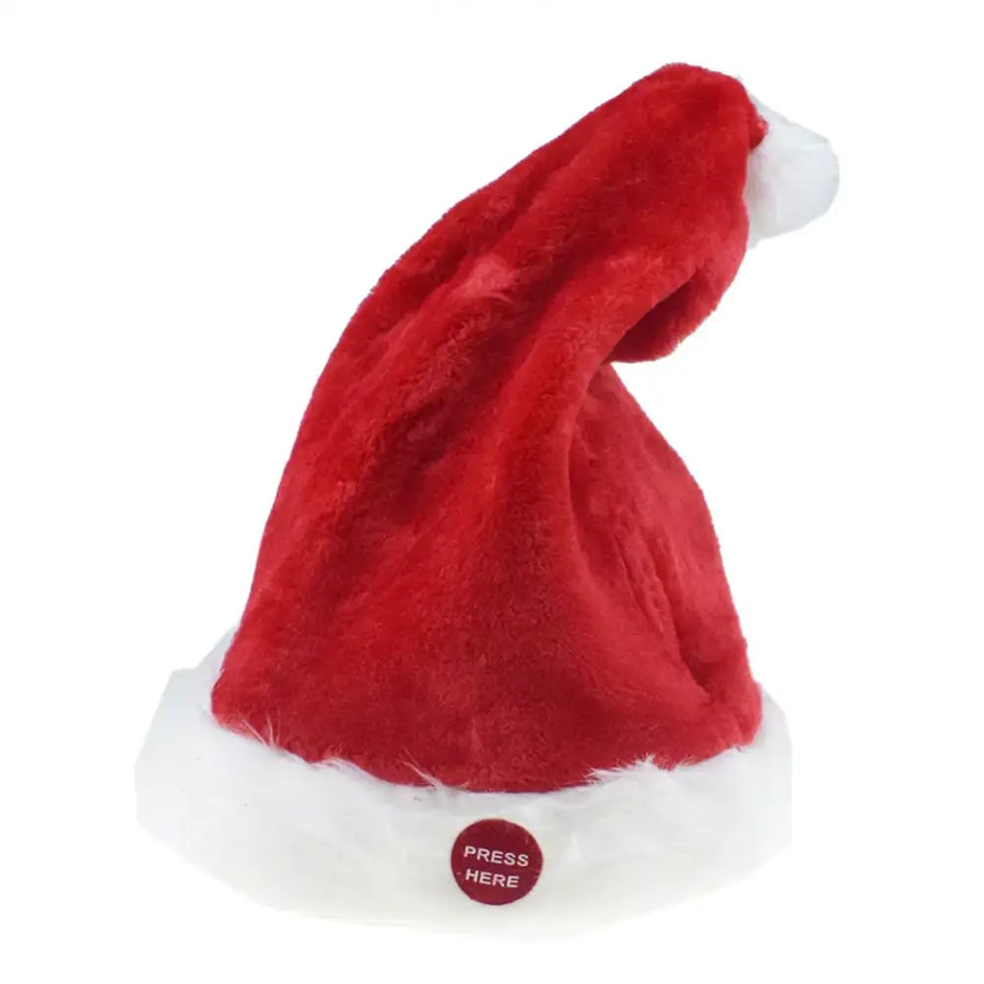 Red plush santa hat with white fur trim and a ’press here’ button on the brim.