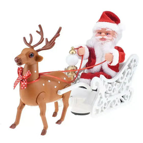 Red and white plush santa claus figurine seated in a decorative white sleigh, pulled by a brown plastic reindeer with antlers and a red polka-dot bow.