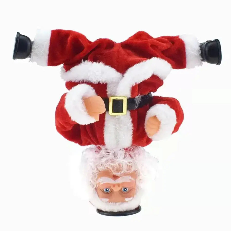 Red and white plush santa claus figurine with a gold buckle belt, black plastic feet, and a detachable head.