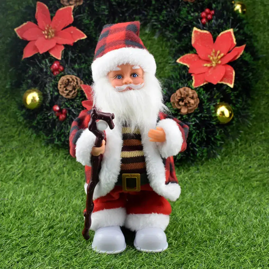 A plush santa claus figurine with a red and black plaid hat, white fur trim on his coat and boots, blue eyes, and holding a dark wooden cane.