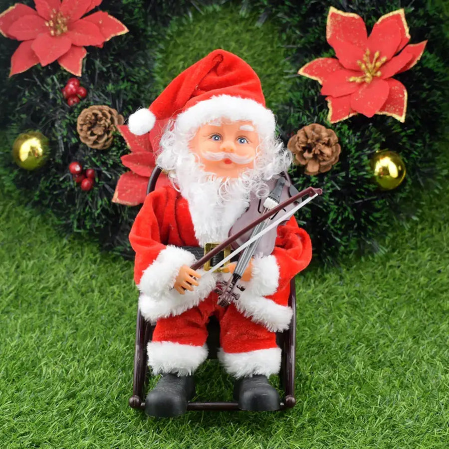 Red and white plush santa claus figurine seated in a rocking chair, holding a violin.