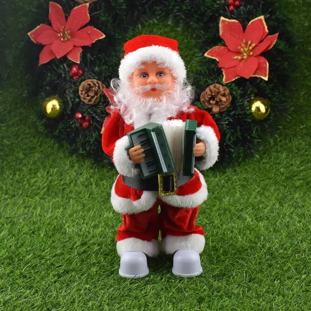 Red and white plush santa claus figurine holding a green accordion.